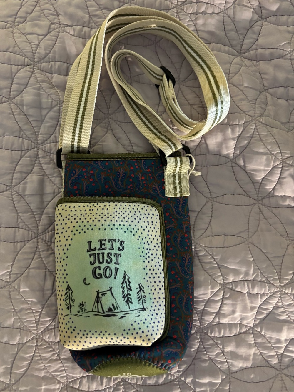 Natural Life Green Patterned Crossbody IWater Bottle Bag - "Let's Just Go!"
